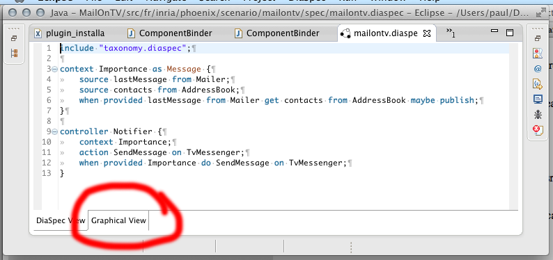 The tab to show the DiaSpec specification as a diagram.